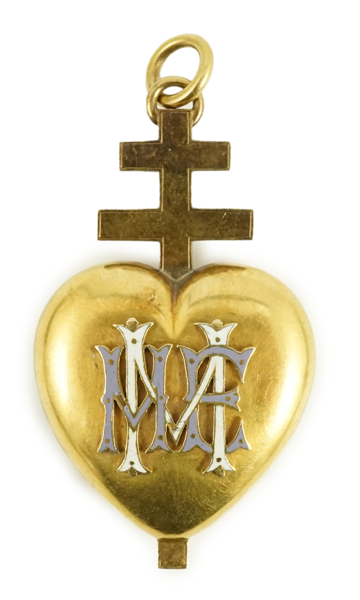 A Victorian gold heart shaped mourning pendant locket, with enamelled monogram